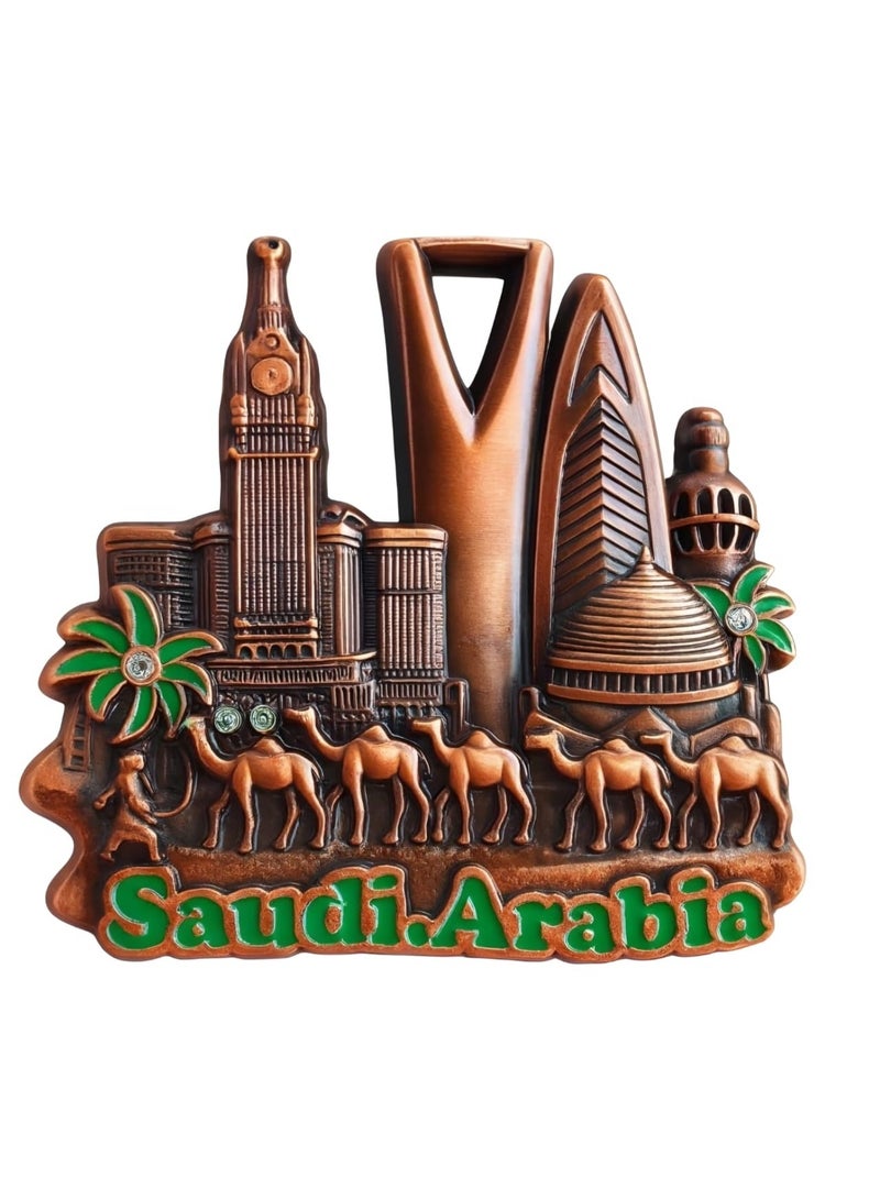 هدايا تذكارية عربية مجموعة طقم ٣ قطع مغناطيس معدني ثلاثي الأبعاد لمعالم السعودية – أبراج المملكة والفيصلية وبرج الساعة مع جمال ونخيل – ألوان ذهبي وفضي وبرونزي – ديكور ثلاجة فاخر - Image 5